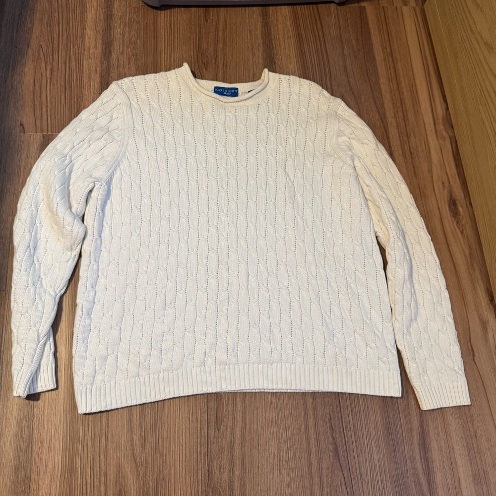 Vintage Karen Scott Cream Cable Knit Oversized Crewneck Sweater - L